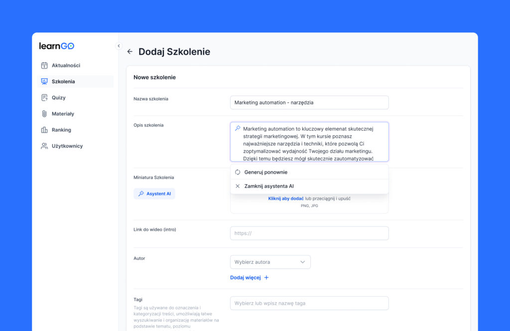 Screen z aplikacji LearnGO pokazujący, jak sztuczna inteligencja generuje nazwę szkolenia oraz jego opis 